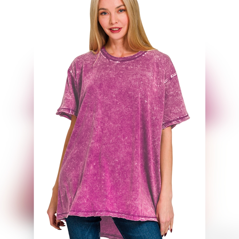 Zenana Crinkle Washed Cotton Drop Shoulder Oversized Hi Low Short Sleeve…